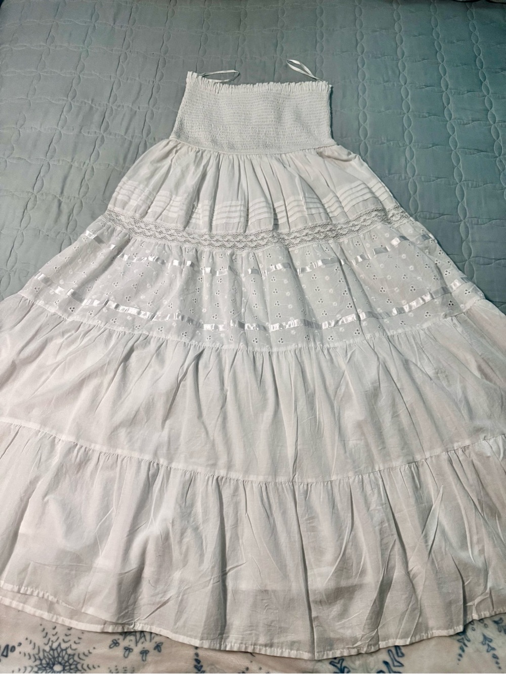 White Smocked Waist Tiered Maxi Skirt